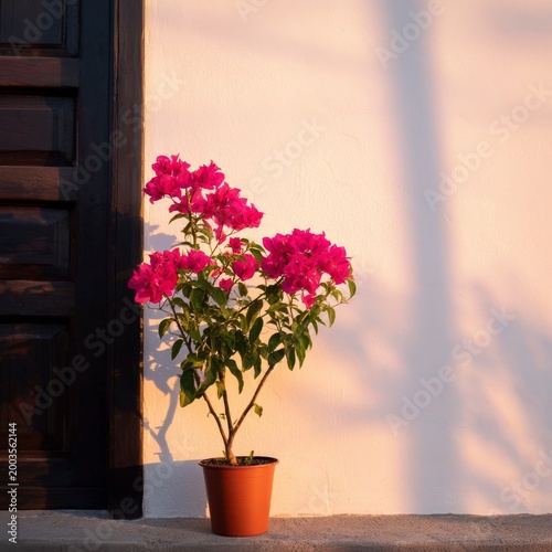 Bright Pink Flowers Stand Near a Wooden Door During Sunset in a Warm Location