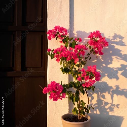 Bright Pink Bougainvillea in a Pot Near a Door on a Sunny Day