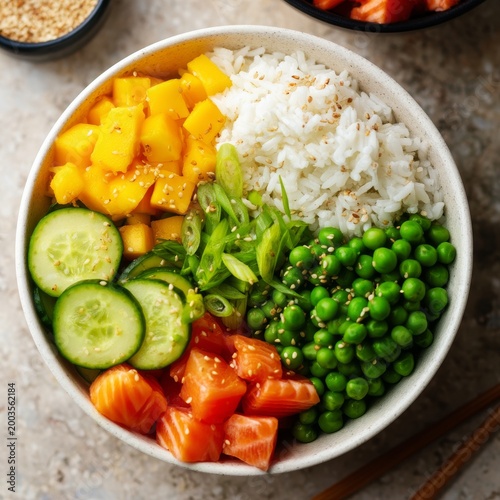 Bowl With Salmon, Rice, Mango, Cucumbers, Peas, and Green Onion Arranged in a...