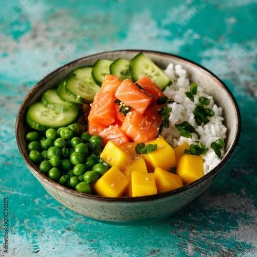 Fresh Salmon Bowl With Mango and Vegetables Served on Teal Background