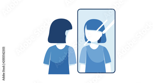 Woman looking in mirror, reflection shows different hairstyle, concept of change