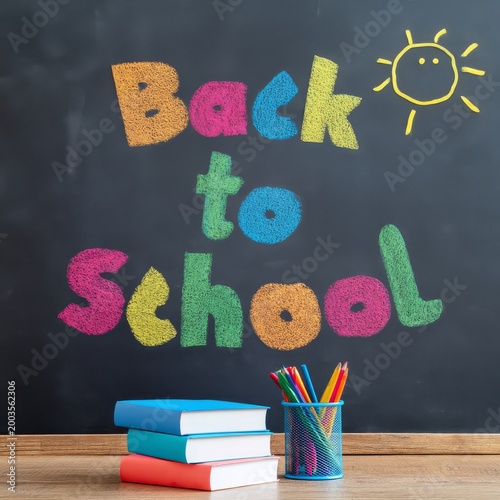 Back to School Display With Colorful Chalk and Stationery on a Blackboard Bac...