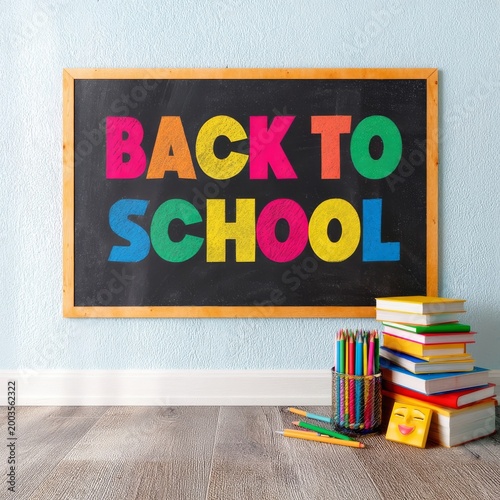 Back to School Display With Colorful Chalk and Stationery on a Blackboard Bac...