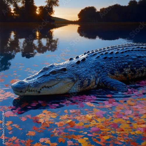 Crocodile Swims in Peaceful Water With Colorful Leaves at Sunset Near a Forest