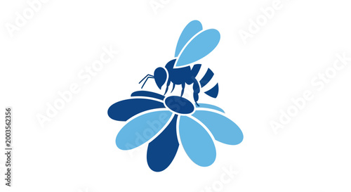 Stylized Bee on Flower Logo, Blue and Cyan, Minimalist Design