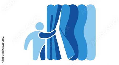Person opening blue curtains, revealing a secret or surprise, abstract illustration
