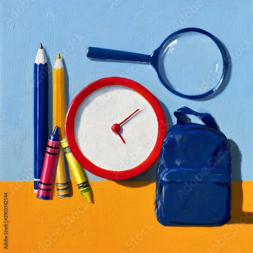 School Supplies on a Desk With a Clock and Backpack in a Bright Setting