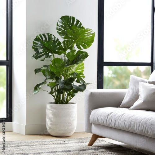 Indoor Plant Decor in a Bright Living Room With Windows and a Gray Sofa