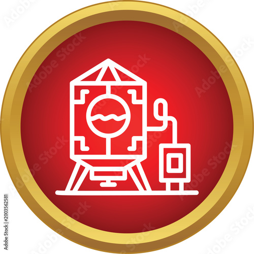 Industrial brewing tank with liquid symbol on a red and gold circular background