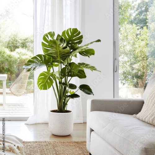 Green Plant in White Pot Next to a Light Sofa in a Bright Room With Large Win...