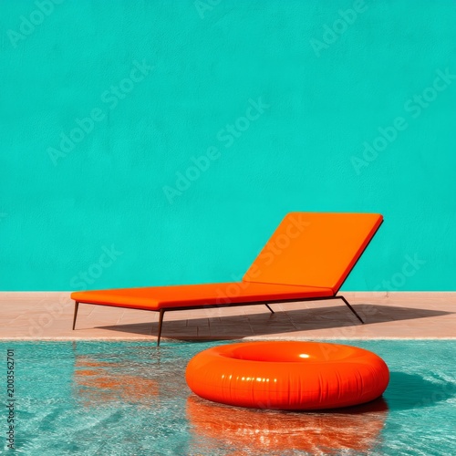 Bright Orange Lounge Chair and Inflatable Ring by the Pool in a Sunny Setting