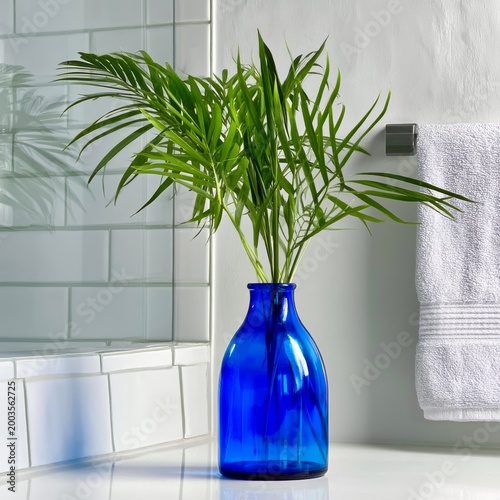 Blue Vase With Green Plant Placed Near Towel in Bathroom Setting