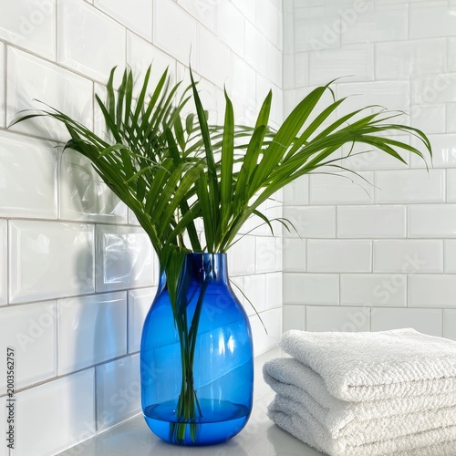 Blue Vase With Green Leaves Beside Stacked White Towels in a Bright Bathroom ...