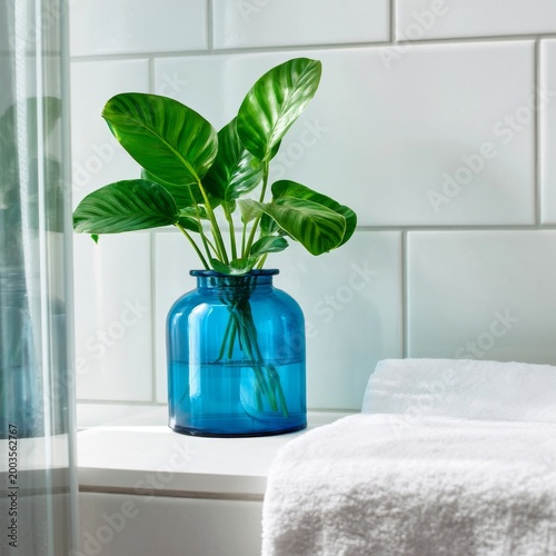 Blue Vase With Green Leaves Beside Stacked White Towels in a Bright Bathroom ...