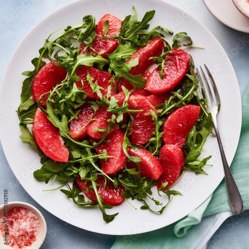Salad With Slices of Grapefruit and Arugula on a White Plate