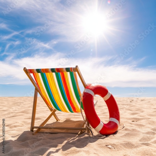 Colorful Beach Chair and Lifebuoy Sit on Sand Under Bright Sun in a Coastal Area