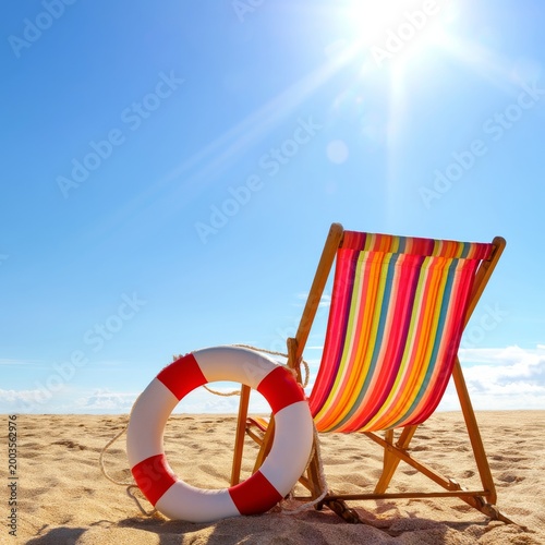 Beach Chair and Life Ring on Sandy Shore Under Bright Sun at the Ocean