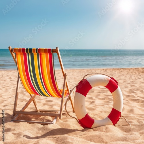 Colorful Beach Chair and Lifebuoy Sit on Sand Under Bright Sun in a Coastal Area