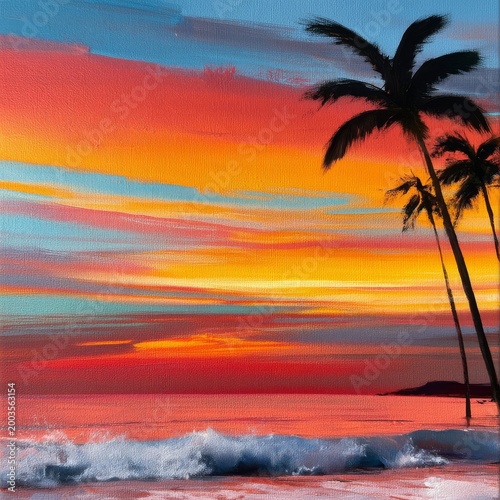 Colorful Sunset Over Ocean With Palm Trees and Waves in a Tropical Setting