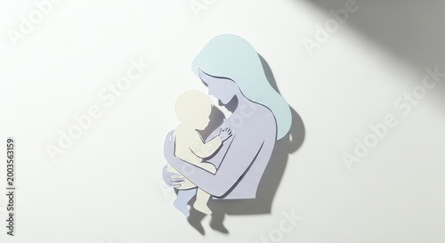 Mother holding baby, tender embrace, family love, paper art, clean background