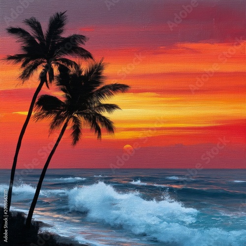Colorful Sunset by the Ocean With Waves and Palm Trees at a Beach