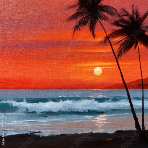 Colorful Sunset by the Ocean With Waves and Palm Trees at a Beach