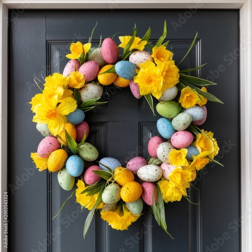 Colorful Easter Wreath With Flowers and Eggs on a Front Door in Springtime