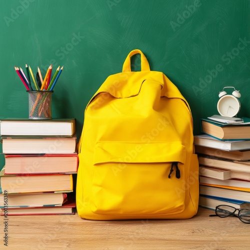 Bright Yellow Backpack Filled With School Supplies Sitting on Table in Classr...