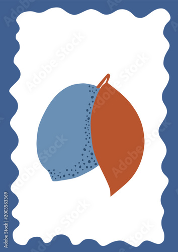 Minimalist Mediterranean poster with abstract lemon shapes and decorative frame. Modern wall art in blue and terracotta tones for kitchen or summer interior decor.