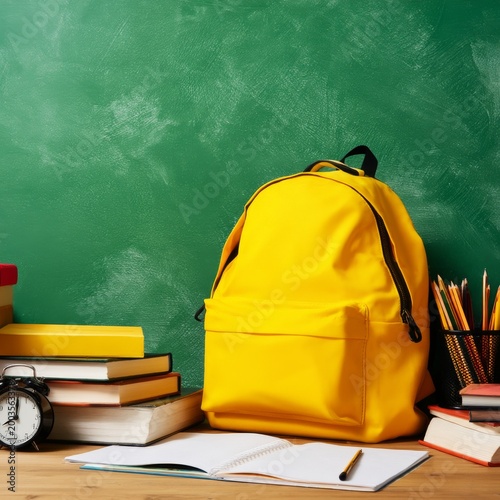 Yellow Backpack on Green Table With School Supplies and Clock During Study Time