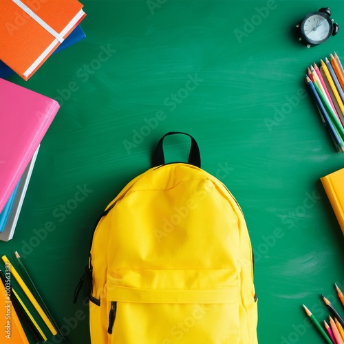 Yellow Backpack on Green Table With School Supplies and Clock During Study Time
