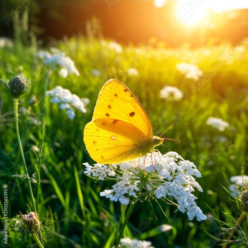Butterfly Resting on White Flowers in a Sunny Green Field During Springtime