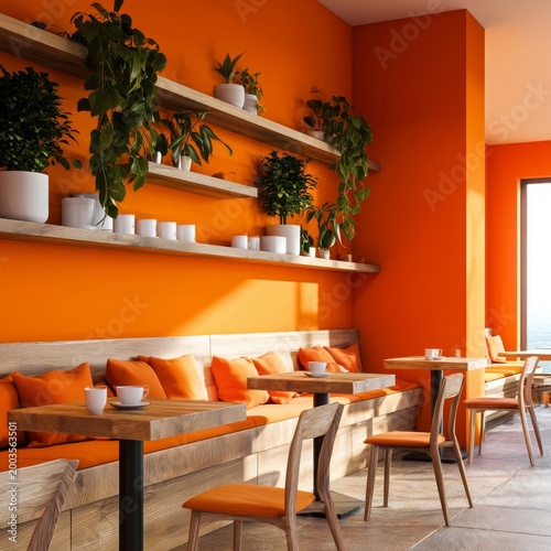 Bright Orange Cafe Interior With Seating and Plants During Daytime