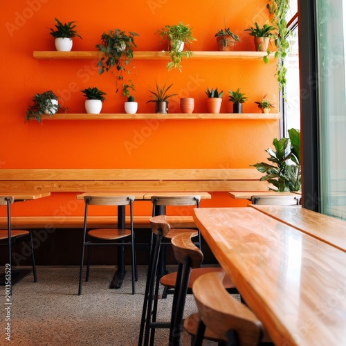Cozy Cafe With Wooden Tables and Orange Walls Featuring Plants on Shelves