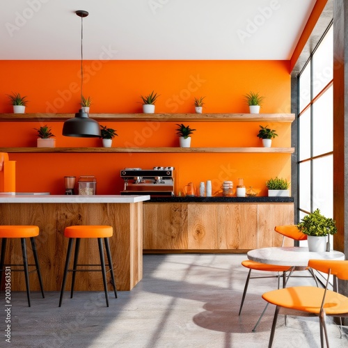 Cozy Cafe With Wooden Tables and Orange Walls Featuring Plants on Shelves