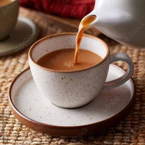 Pouring Warm Beverage Into a Ceramic Cup in a Cozy Kitchen Setting on a Woven...
