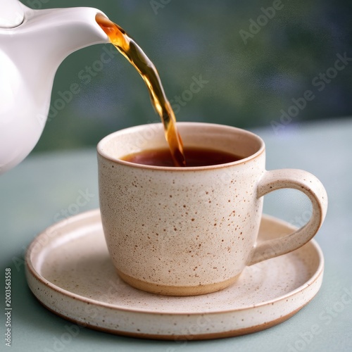 Pouring Hot Tea Into a Cup on a Saucer at a Table With a Soft Background