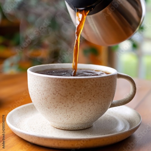 Pouring Hot Tea Into a Cup on a Saucer at a Table With a Soft Background
