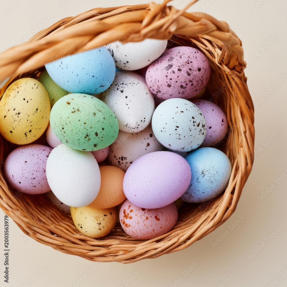 Fototapeta premium Various Colored Eggs Inside a Woven Basket During an Easter Celebration Event
