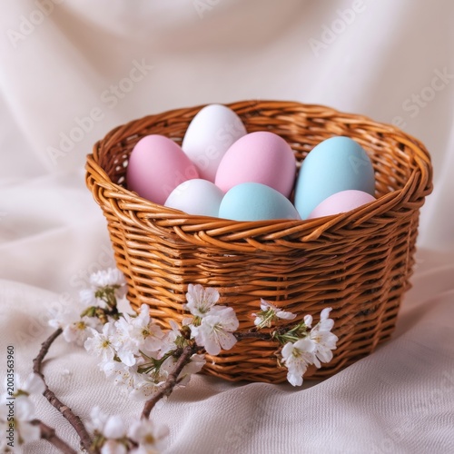 Colorful Eggs in a Basket With Flowers on a Soft Backdrop During a Spring Cel...