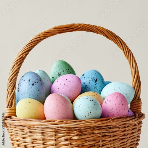 Colorful Eggs in a Wicker Basket Displayed on a Light Background for a Festiv...