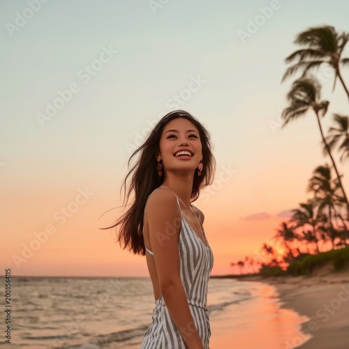 Smiling Woman Enjoys Sunset on Beach With Palm Trees and Ocean Waves in Warm ...