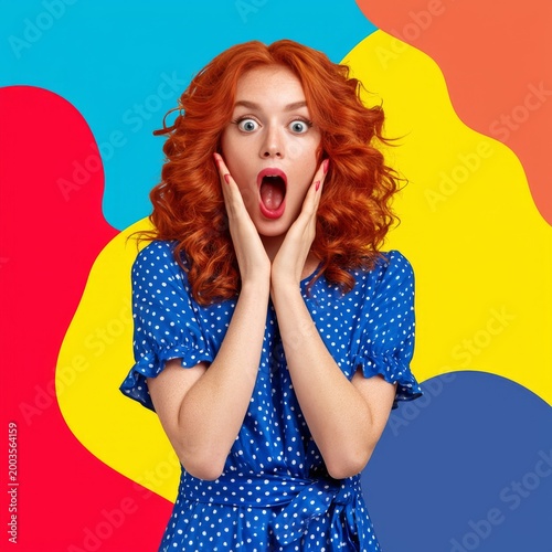 Woman With Red Hair Shows Shock in Blue Dress Against Colorful Background