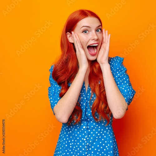 Woman With Red Hair Shows Shock in Blue Dress Against Colorful Background