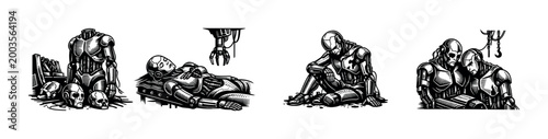 Futuristic robot illustrations, black and white vector elements