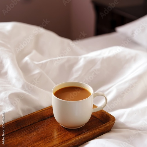 Coffee on a Wooden Tray Placed on a Bed With White Sheets and Soft Pillows in...