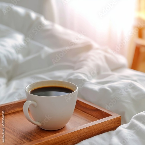Enjoying Coffee in Bed With Morning Light Coming Through the Window