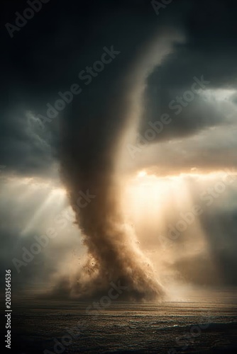 Tornado, twister, weather, natural disaster. A dramatic portrayal of a tornado captured during a storm. The sky is filled with dark, stormy clouds, and the sun casts a warm.