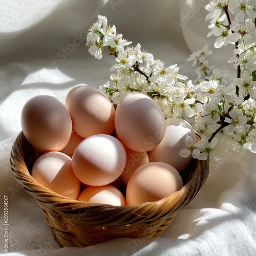 Fresh Eggs Placed in a Basket With White Flowers on a Light Fabric Background