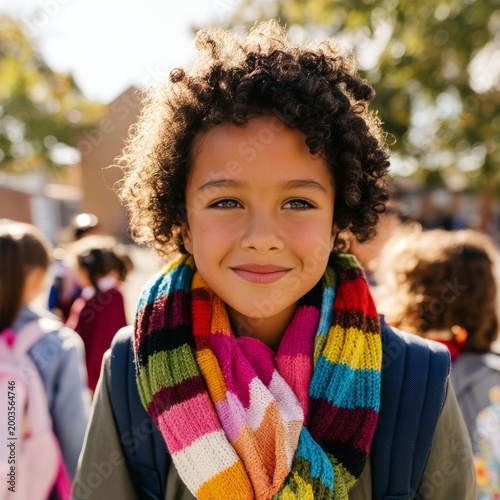 Child Smiles Brightly in a Colorful Scarf During School Hours Outside With Cl...